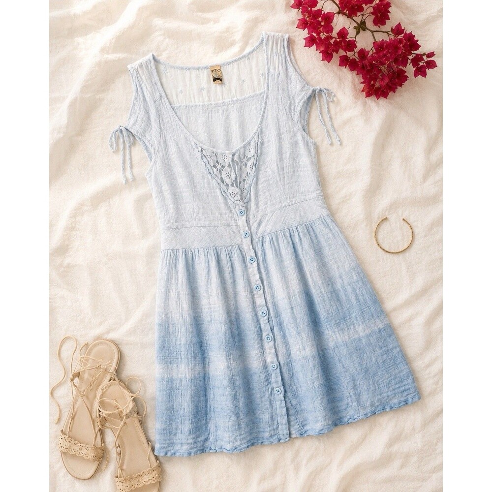 Vintage Free People Blue Ombre Crochet Babydoll Dress 8